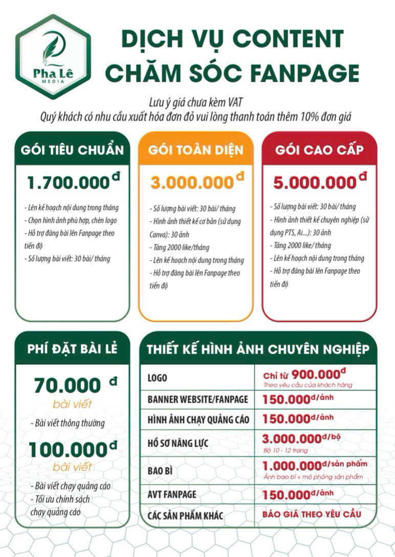 bảng gi&aacute; dịch vụ chăm s&oacute;c fanpage