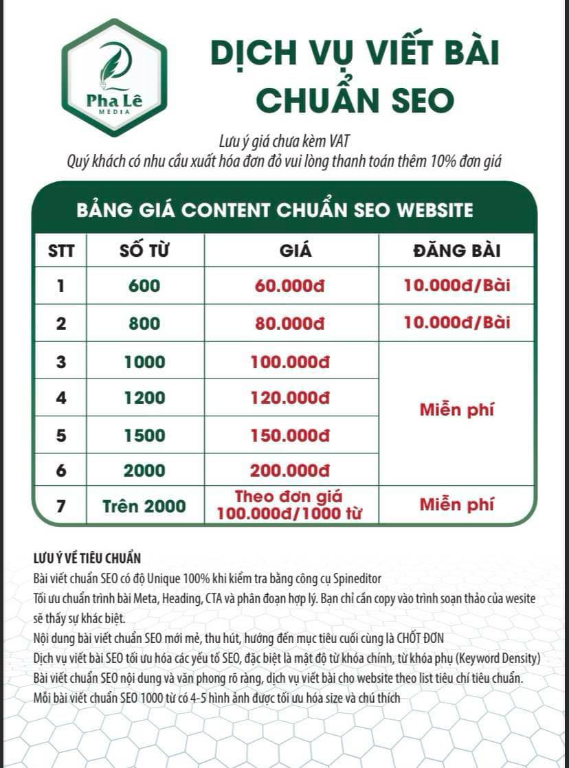 Bảng gi&aacute; dịch vụ viết b&agrave;i tại Pha L&ecirc; Media